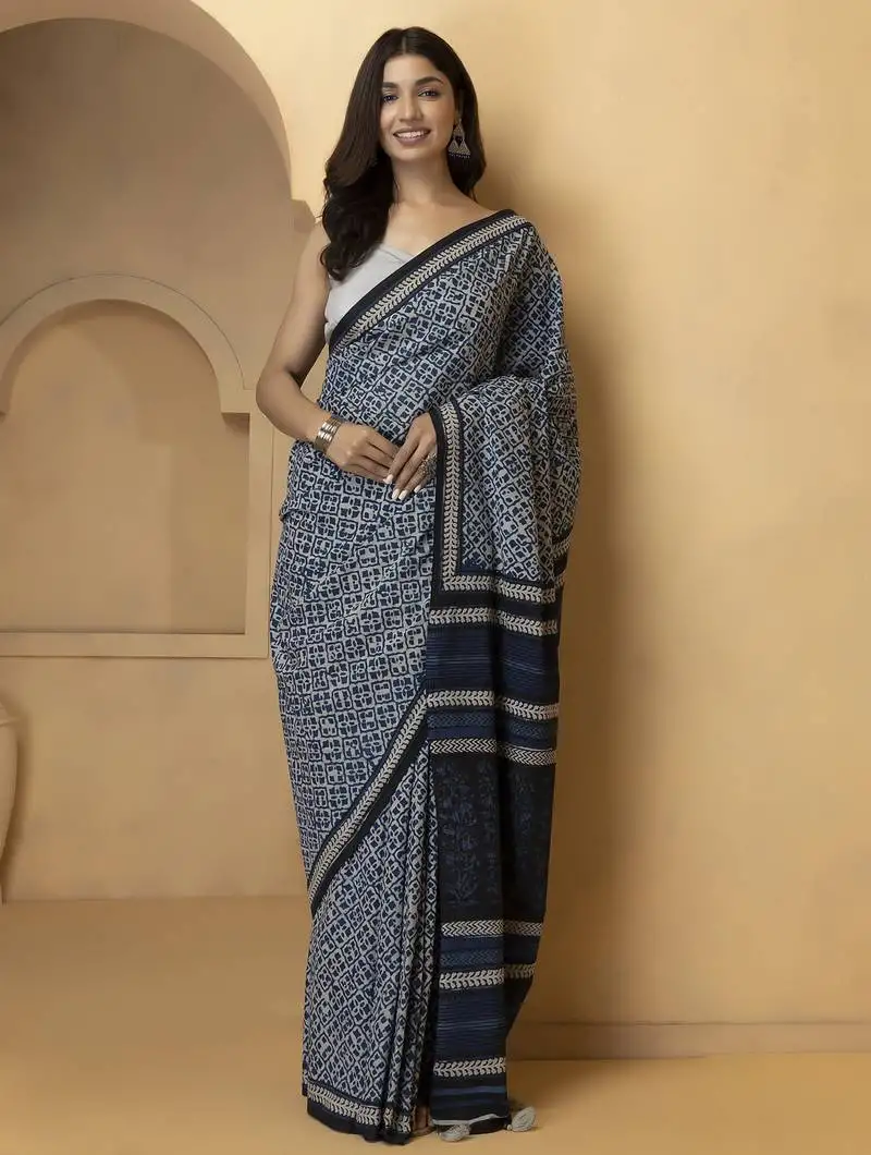 Blue & white floral block print pure cotton bagru saree