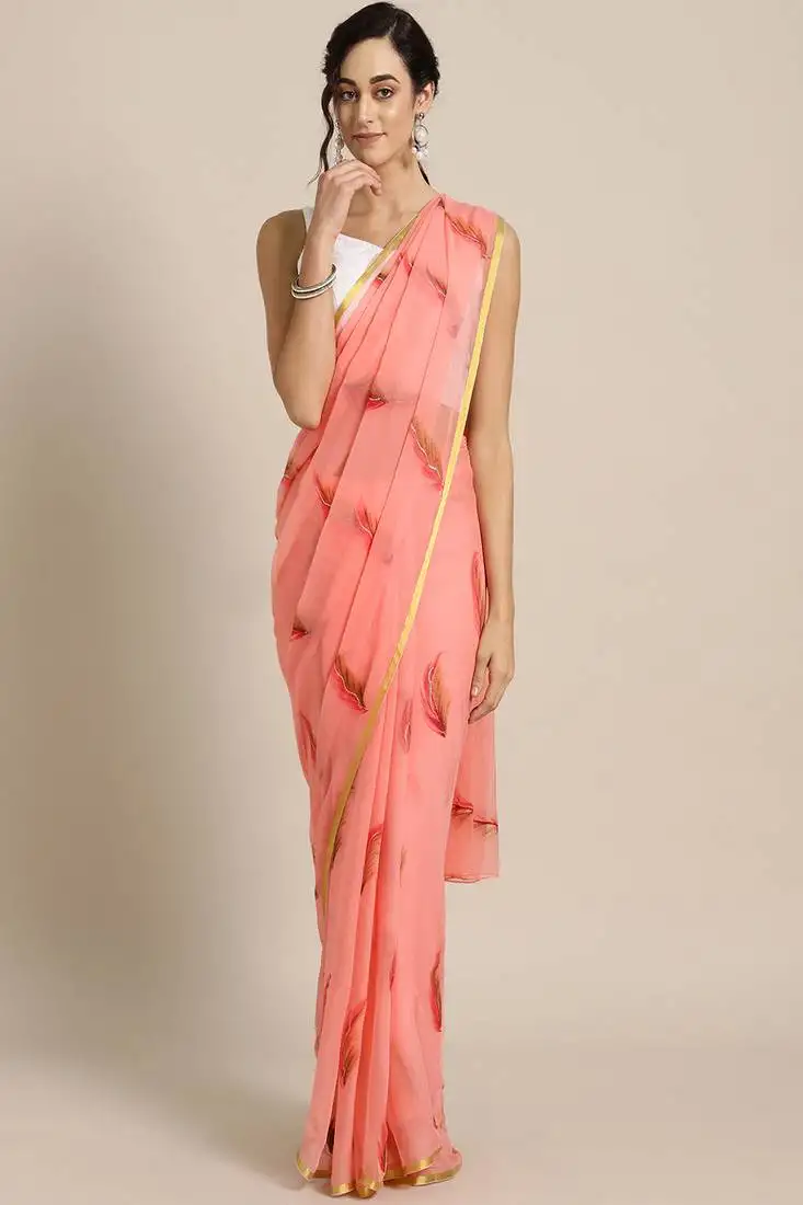Floral printed zari pure chiffon saree