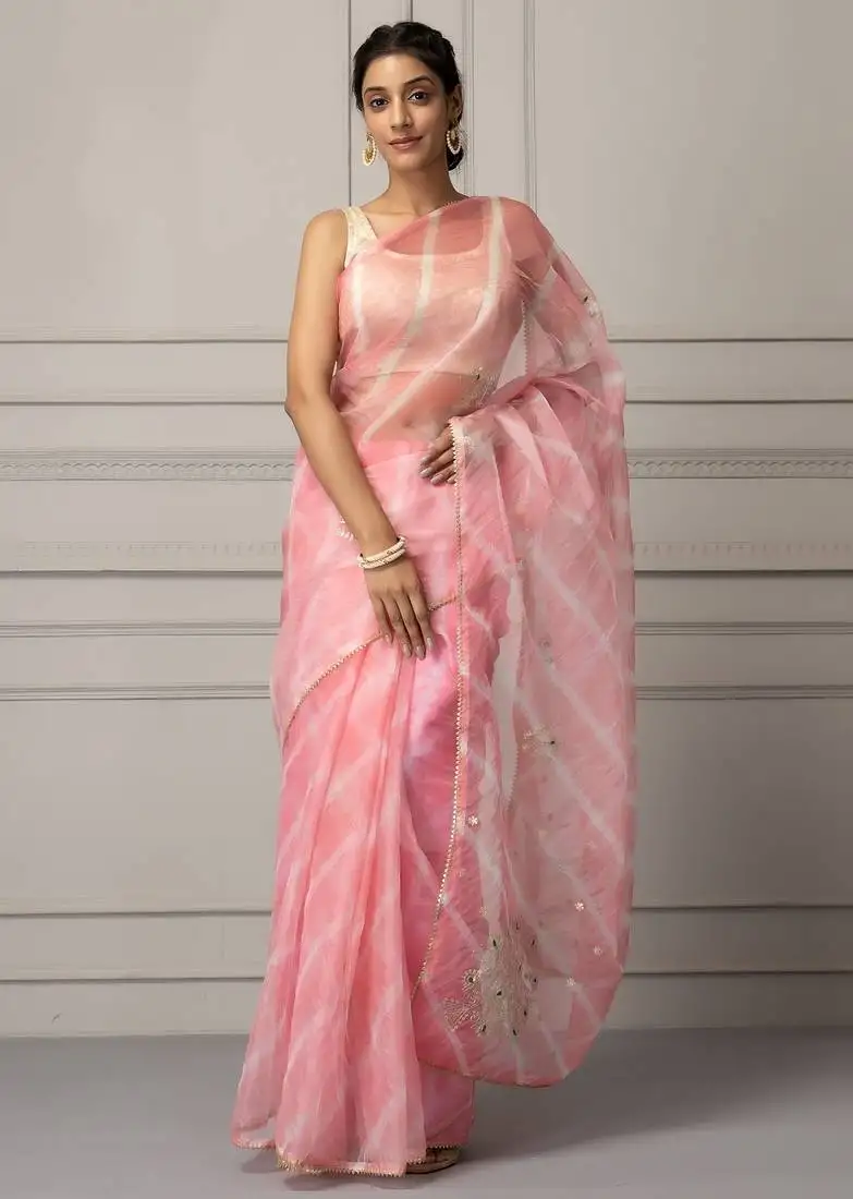 Light pink & white leheriya aari work organza leheriya saree