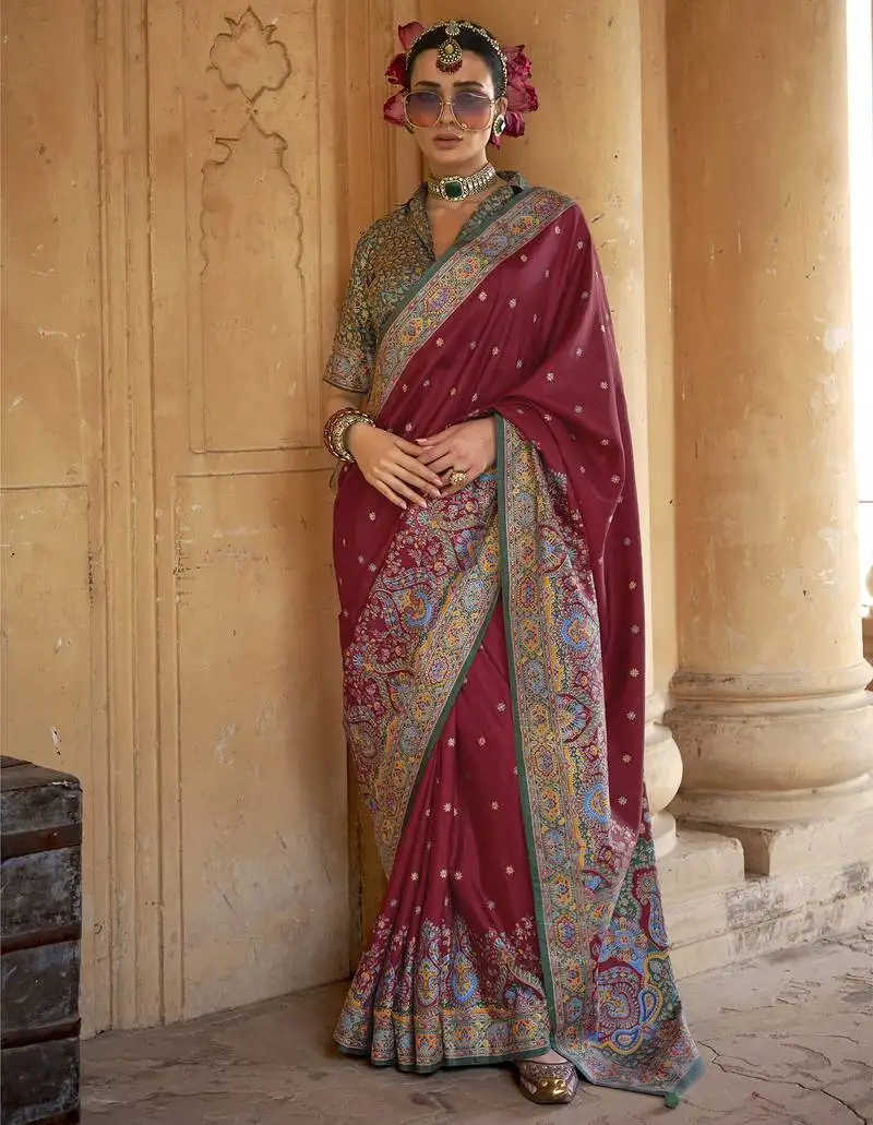 Maroon poly viscose silk blend woven butti printed saree