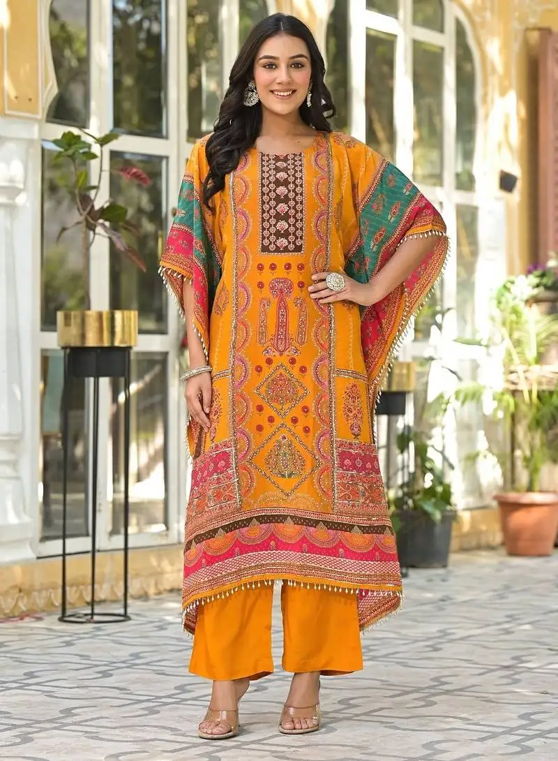 Dark-yellow embroidered muslin mehna amber kaftans