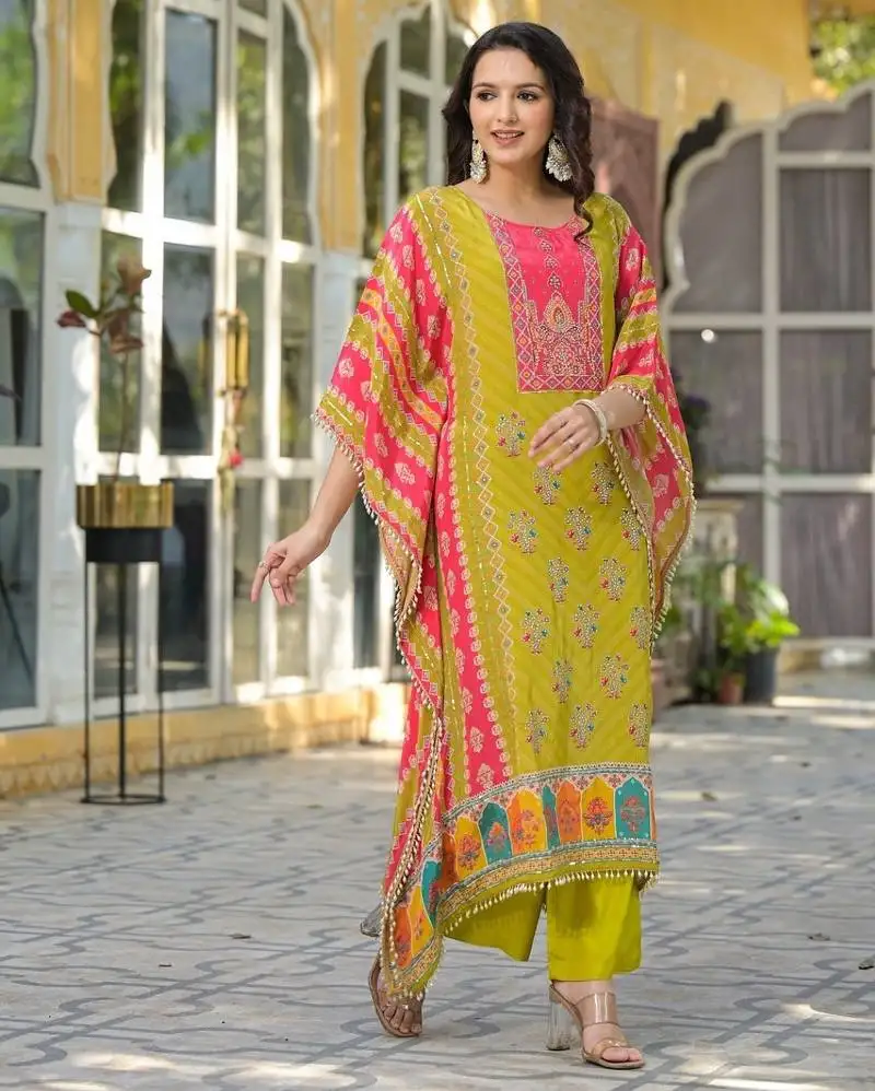 Green embroidered muslin mehna fern kaftans