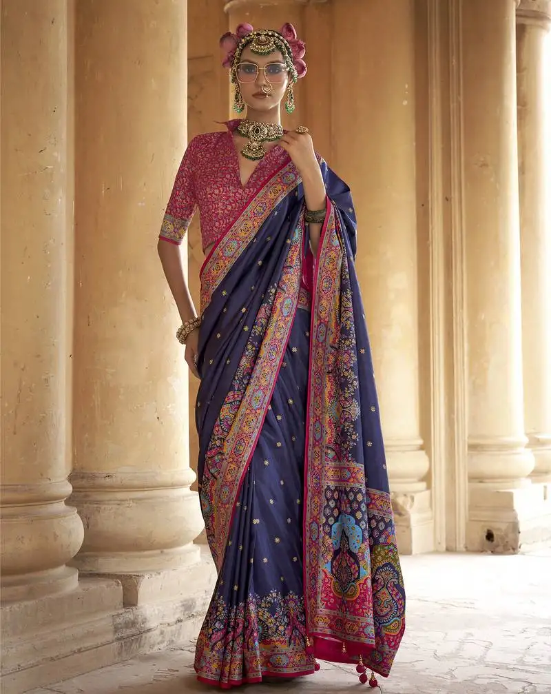 Navy blue poly viscose silk blend woven butti printed saree
