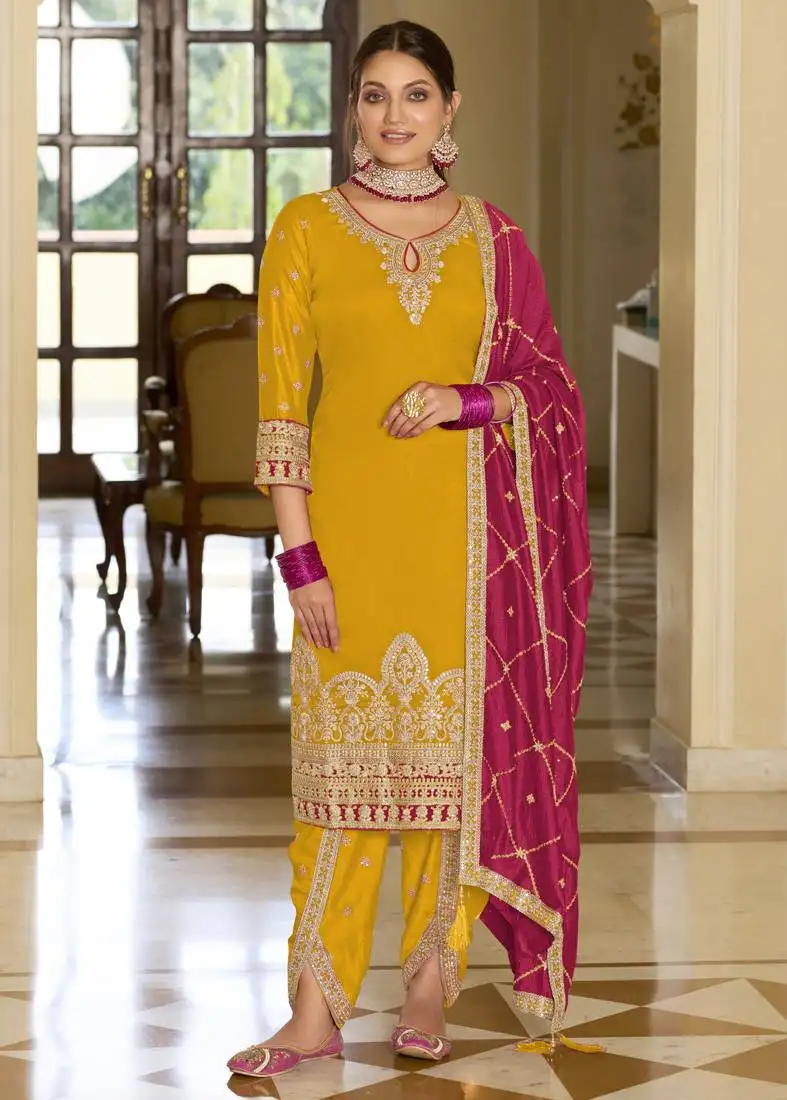 Dark yellow embroidered blended saheli amber kurta sets