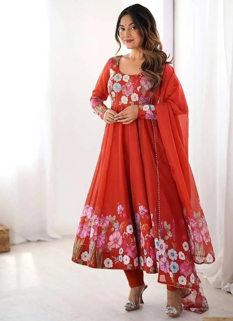 Rust soft organza silk with floral print fully flared anarkali pant with dupatta set stitched
