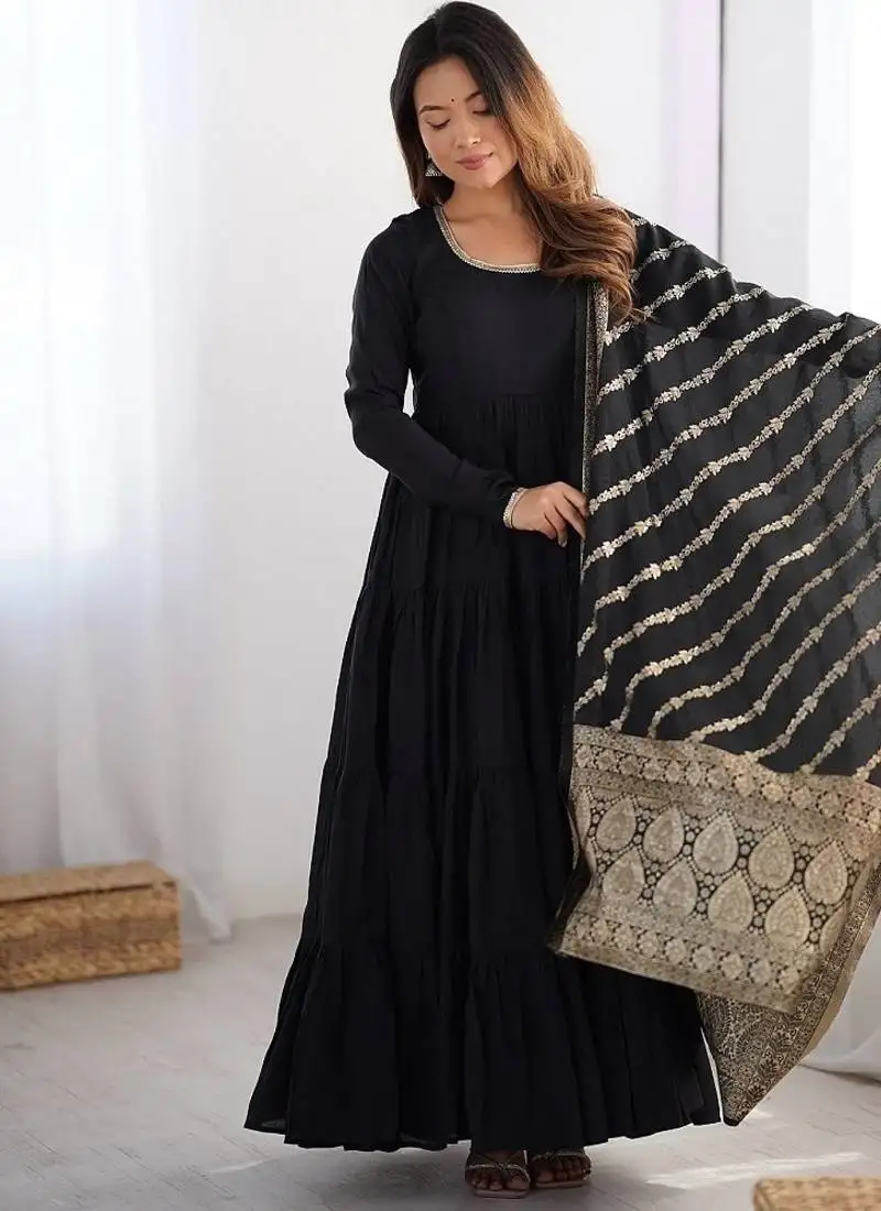 Black pure roman silk chanderi with fully flair anarkali ,pant with dupatta stitched