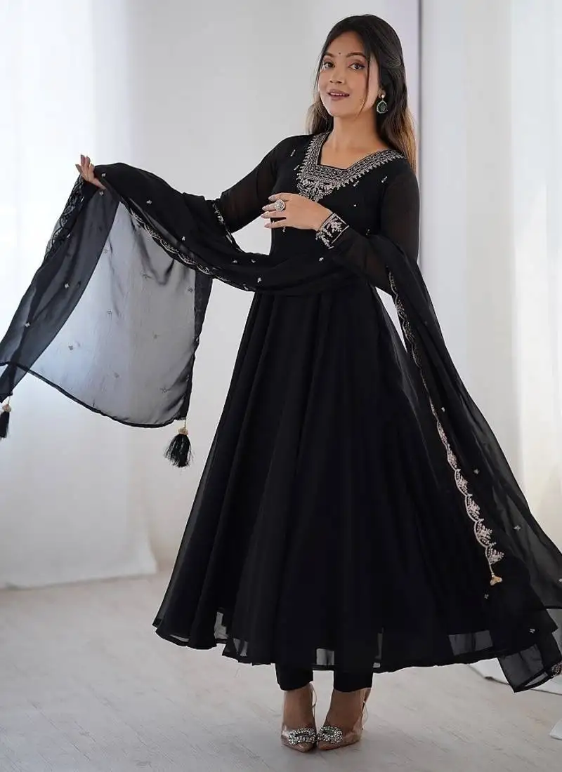Black pure soft georgette with beads and zari work anarkali suit stitched