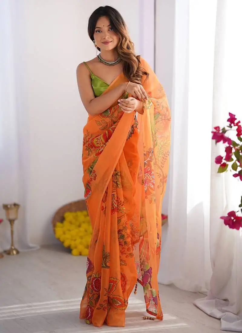 Yellow organza lace work saree