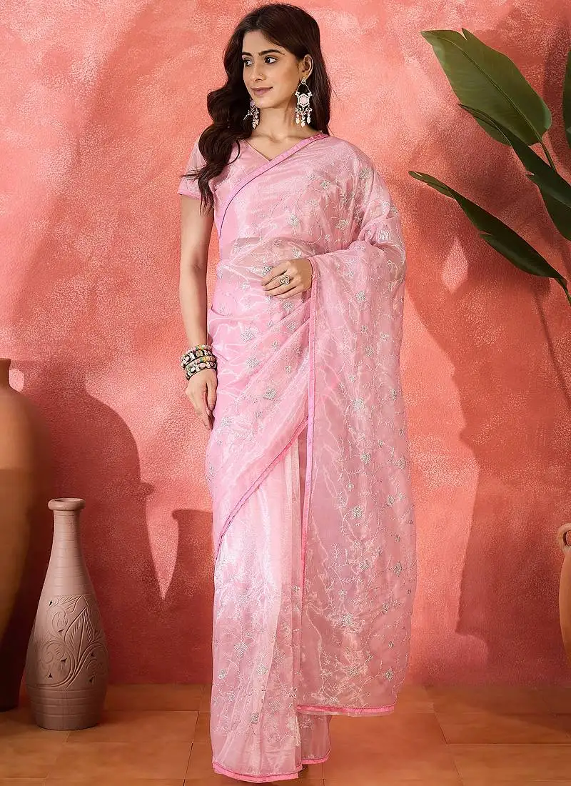 Light pink organza sequin embroidered saree