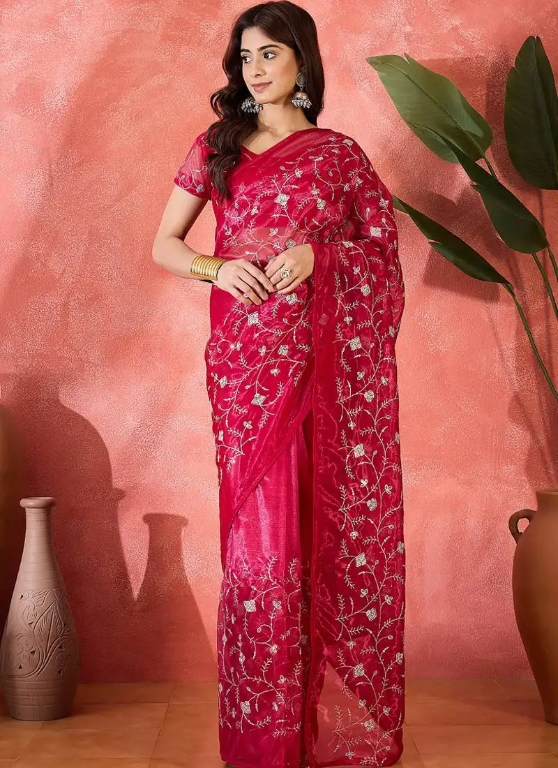 Red organza sequin embroidered saree