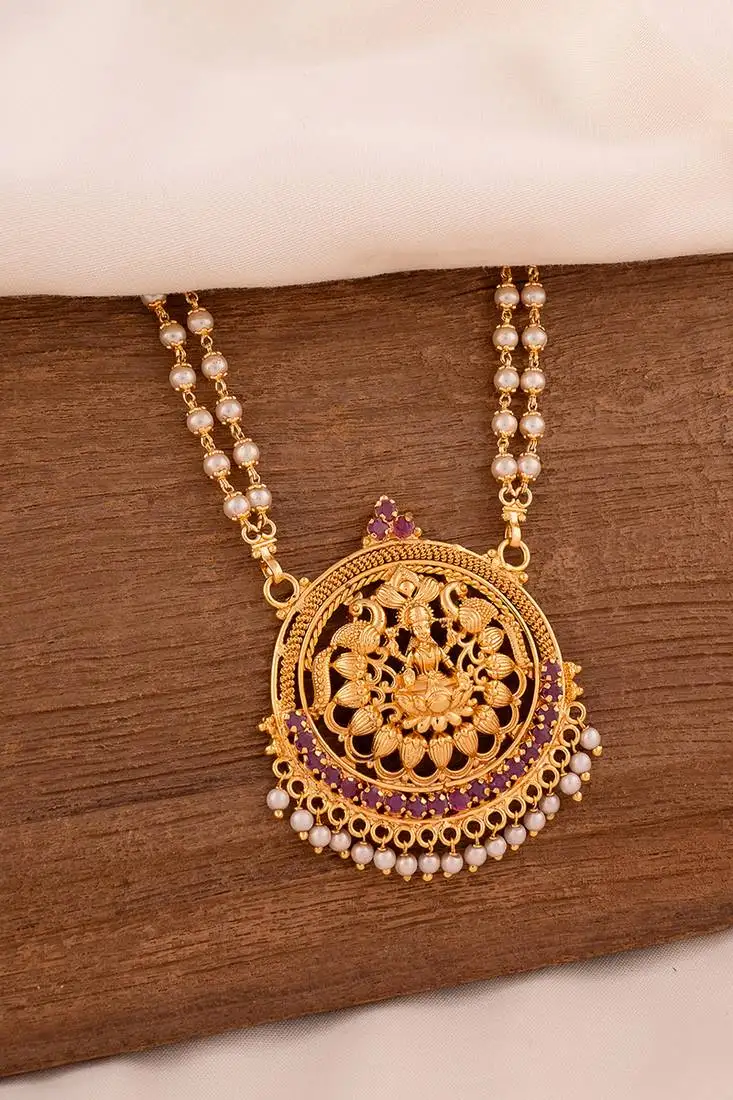 long 30" pearl necklace with laxmi pendant one gram gold
