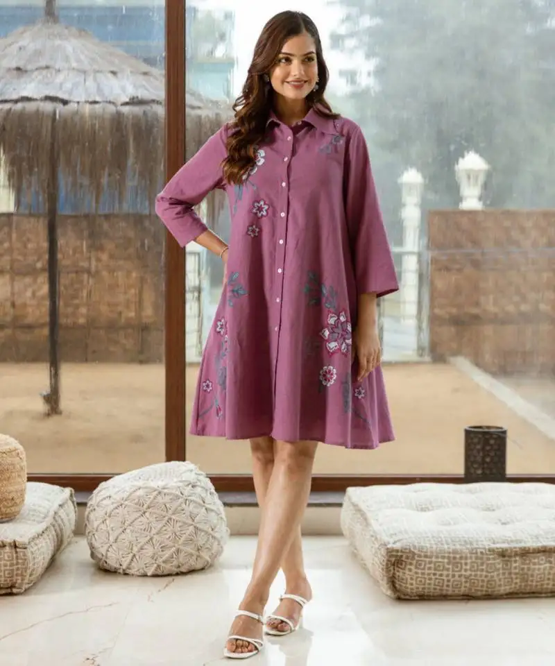 Red embroidered cotton viva lily knee length short dress stitched