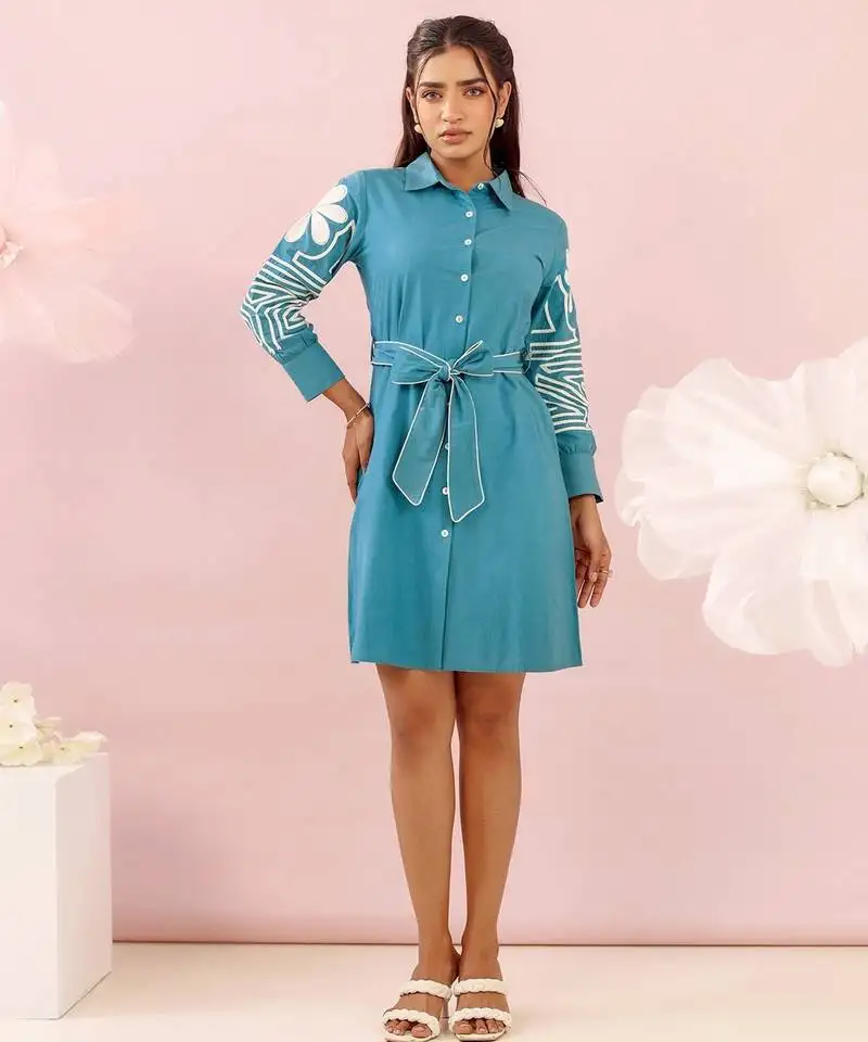 Blue printed cotton purna teal knee length short dress