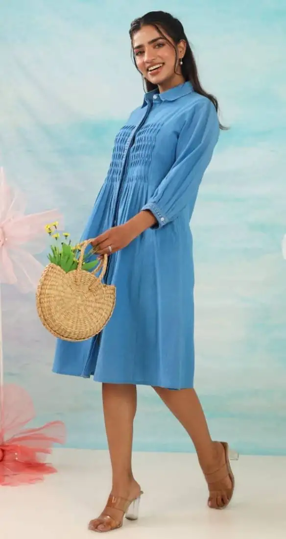 Blue plain cotton purna seabreeze knee length short dress