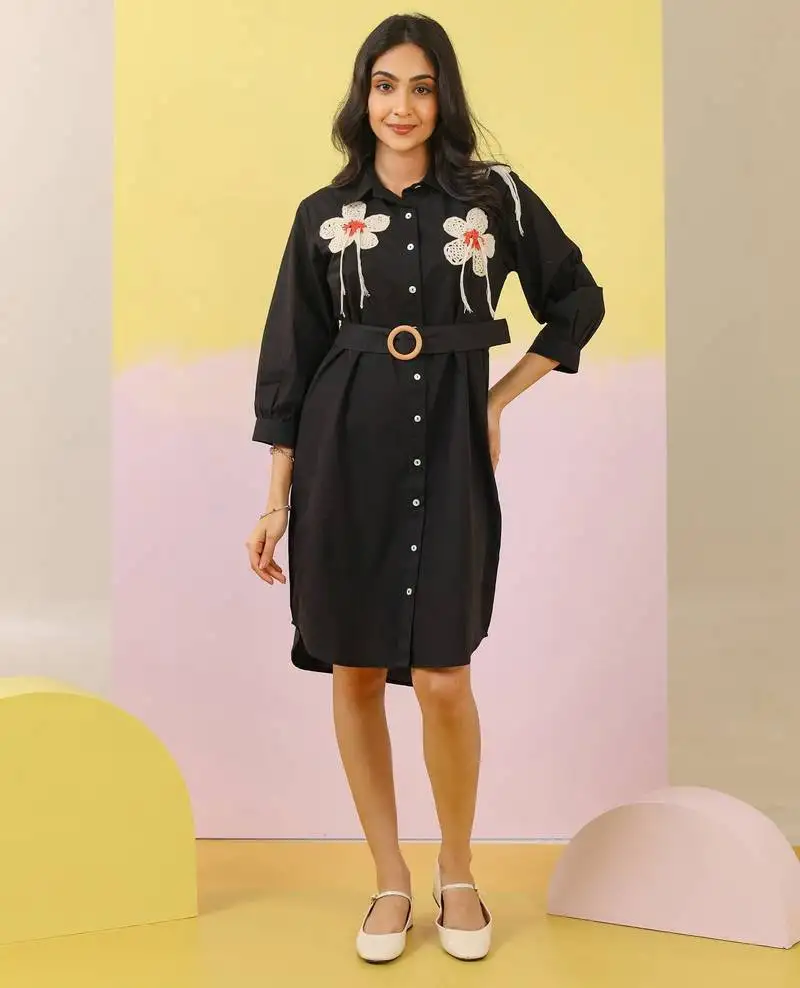 Black embroidered cotton purna jade knee length short dress