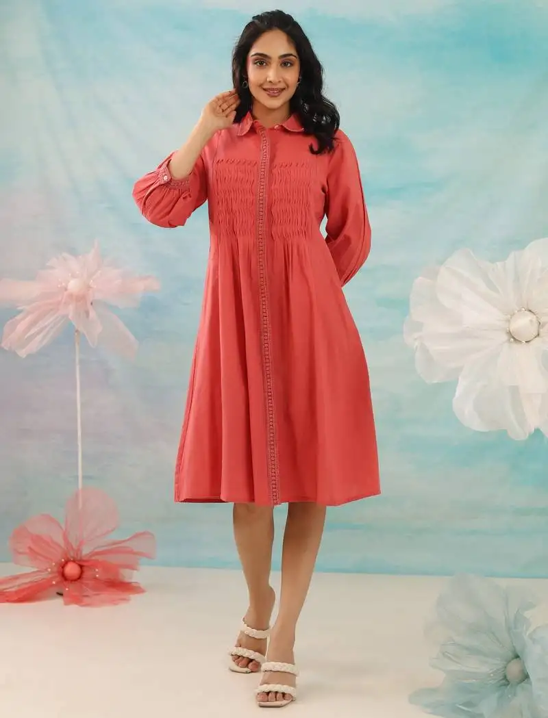 Red plain cotton purna apricot knee length short dress stitched