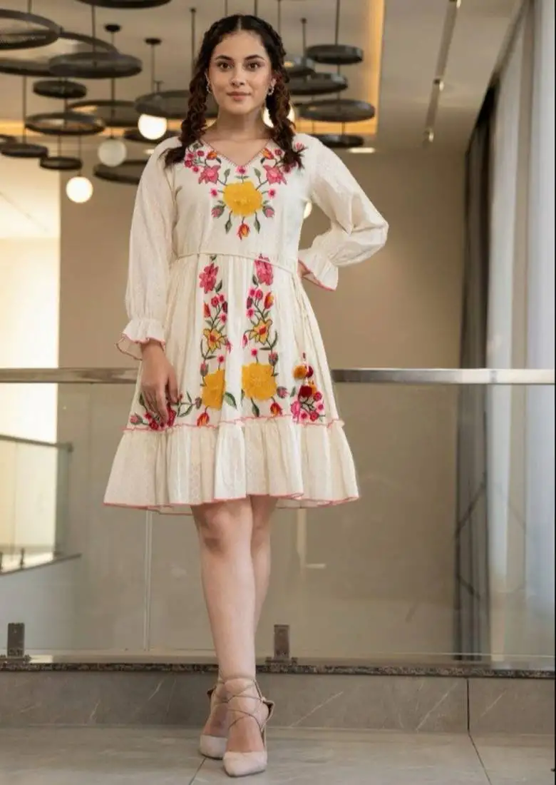 Off white embroidered cotton hemal marigold knee length short dress