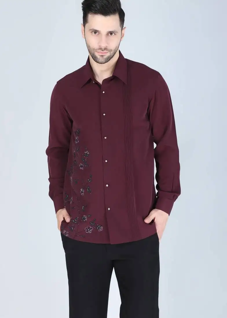 Wine red hand embroidered long sleeve shirt for men