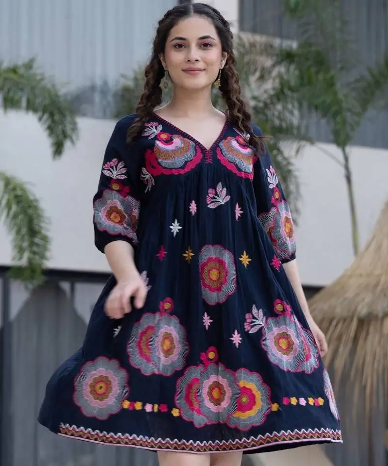 Blue embroidered cotton hemal azure knee length short dress