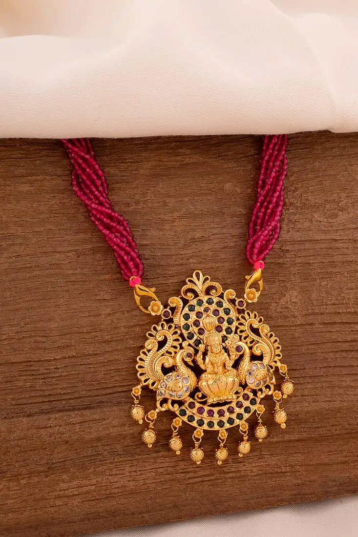 magenta hydro beads necklace with laxmi pendant one gram gold