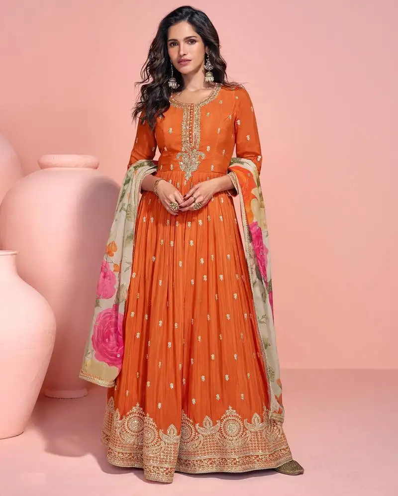 Orange embroidered chinon free size anarkali suit stitched