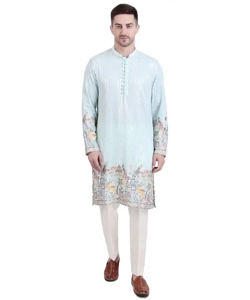 Blue embroidered faux georgette kurta-pajama