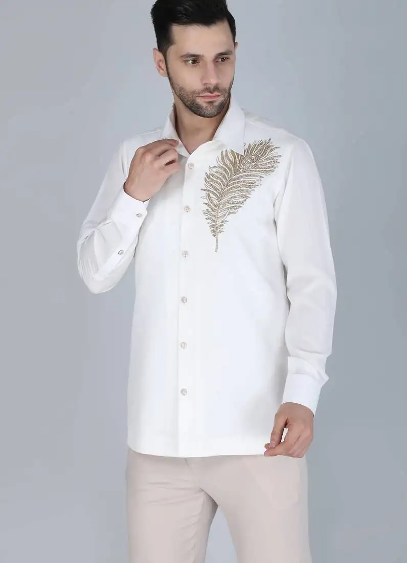 White hand embroidered long sleeve shirt for men