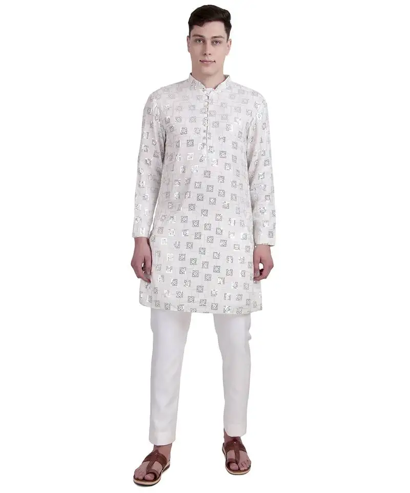 White sequin with embroidery faux georgette kurta-pajama
