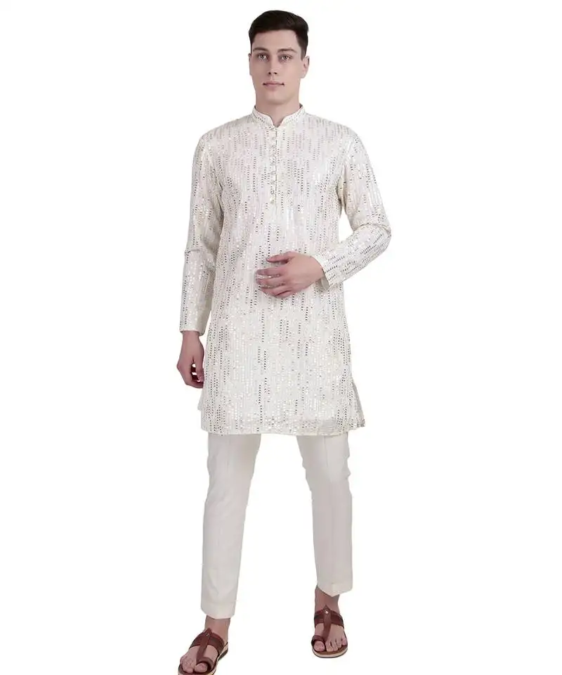 White sequin with floral embroidery faux georgette kurta-pajama