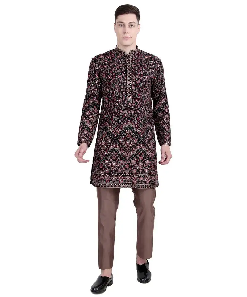 Black floral embroidered faux georgette kurta-pajama