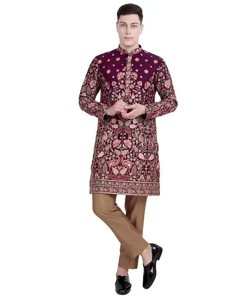 Maroon floral thread embroidered faux georgette kurta-pajama