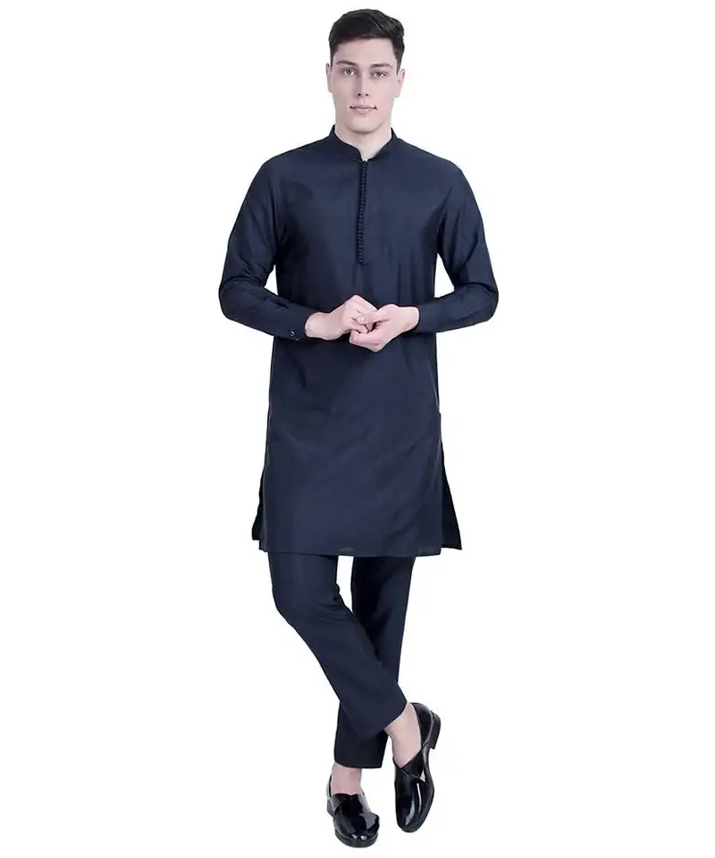 Blue embroidered cotton silk kurta set