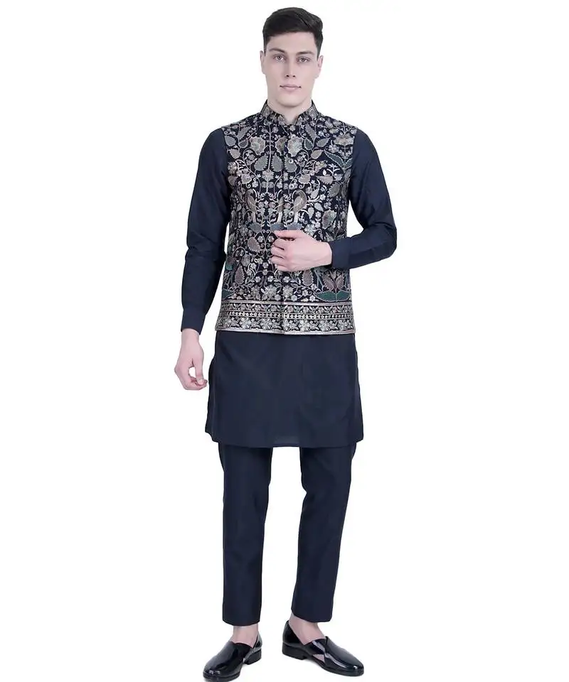 Blue plain viscose kurta-jacket-set