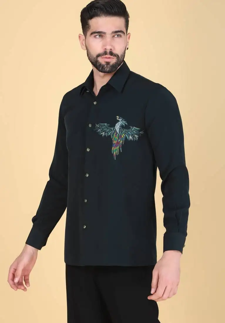 Teal green hand embroidered long sleeve shirt for men
