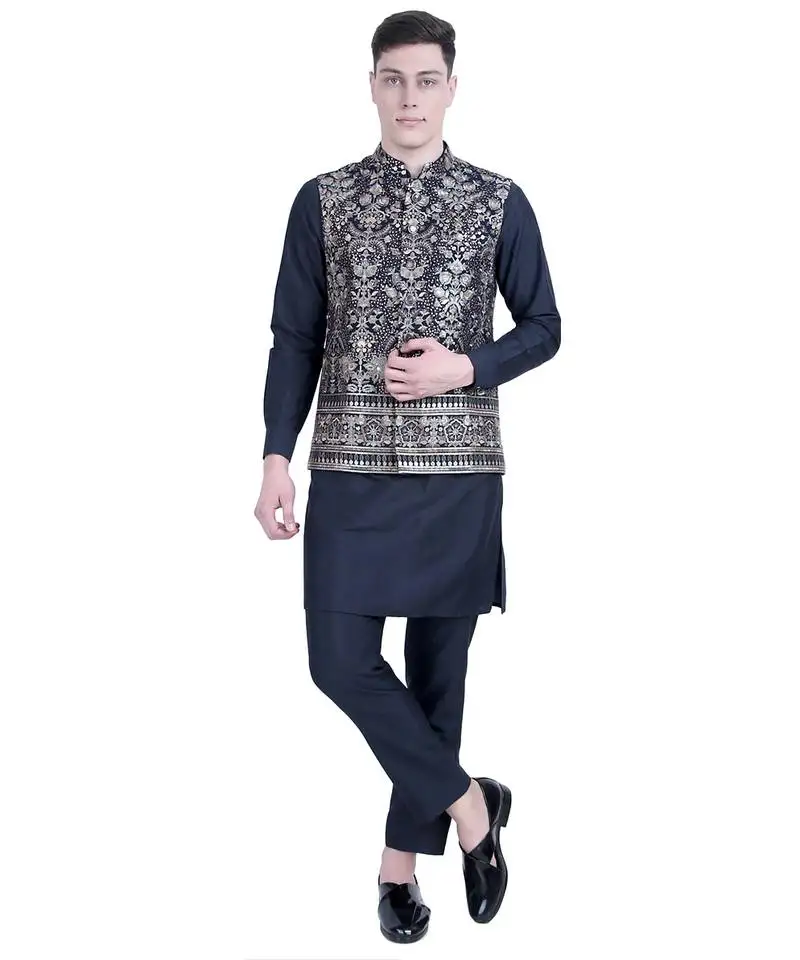 Blue embroidered viscose kurta-jacket-set