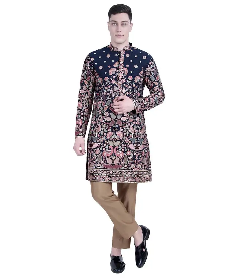 Blue floral embroidered viscose kurta-pajama