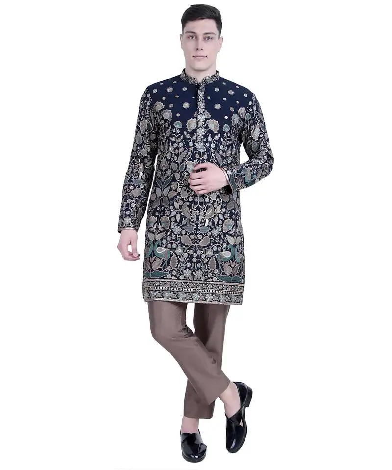 Blue floral thread embroidered viscose kurta-pajama