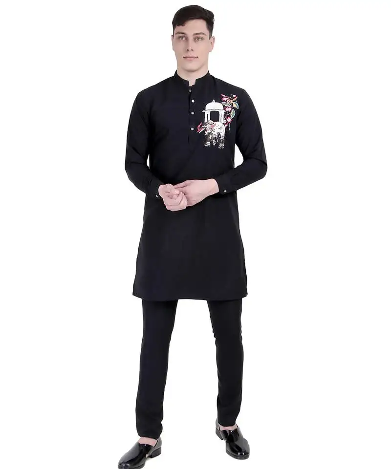 Black faux polyester plain kurta pajama with embroidery work