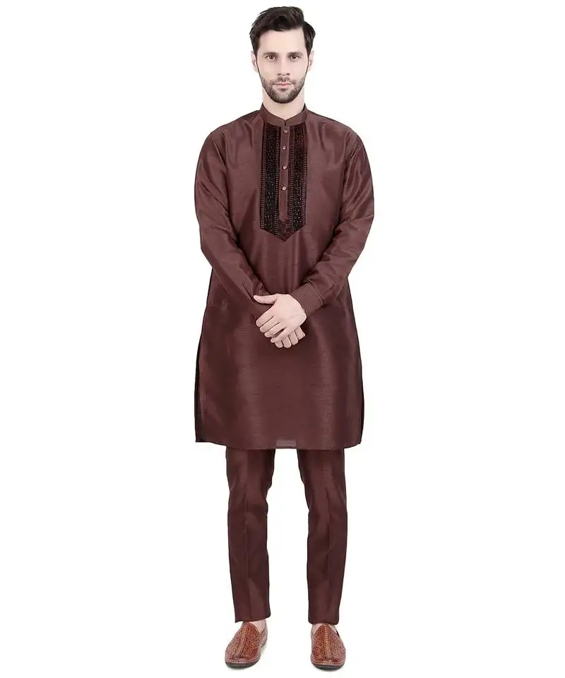 Brown faux silk plain kurta pajama