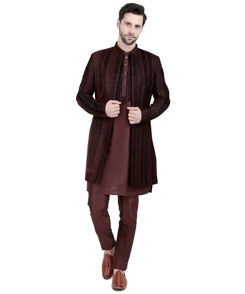 Brown velvet plain kurta pajama with embroidered jacket
