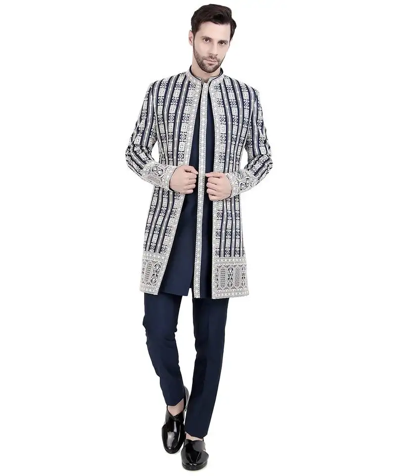 Blue faux silk plain kurta pajama with sequin embroidered jacket
