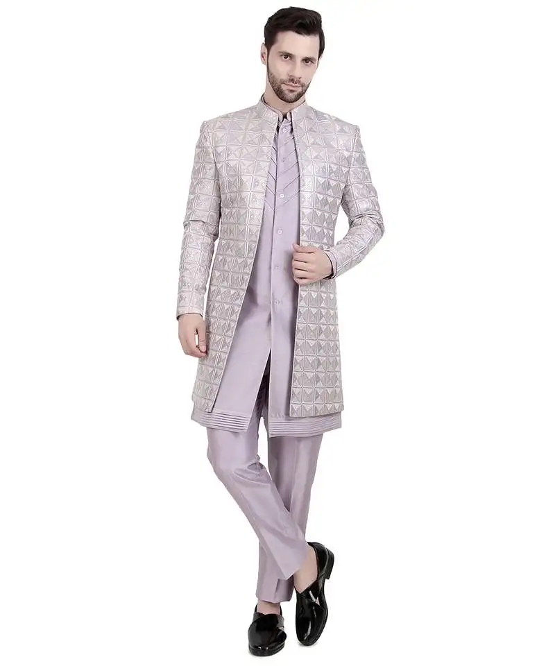 Purple faux silk plain kurta pajama with sequin embroidered jacket