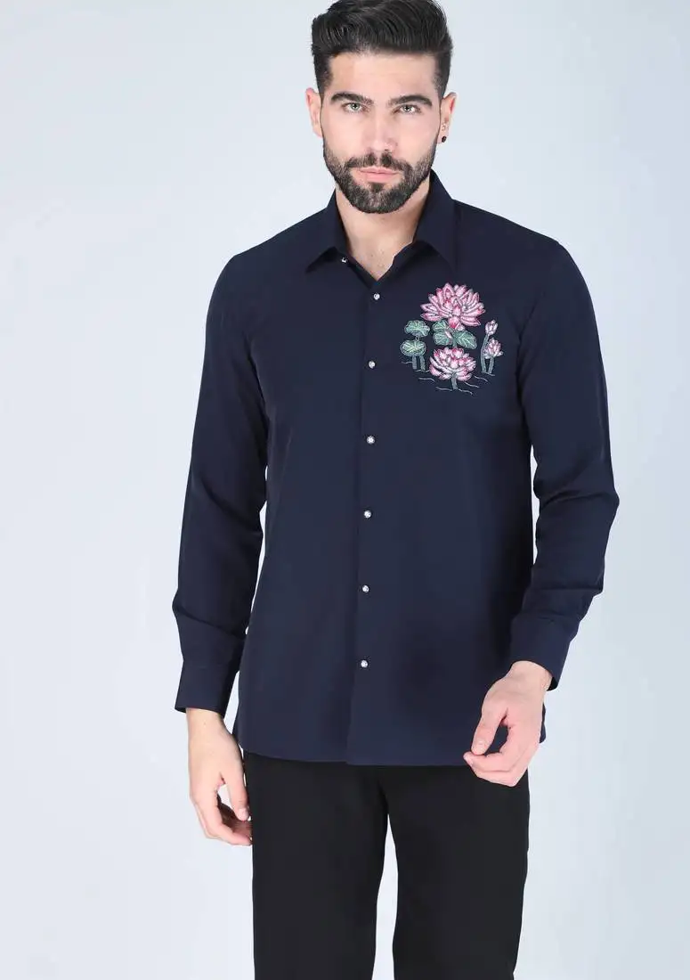 Navy blue lotus motif hand embroidered long sleeve shirt for men