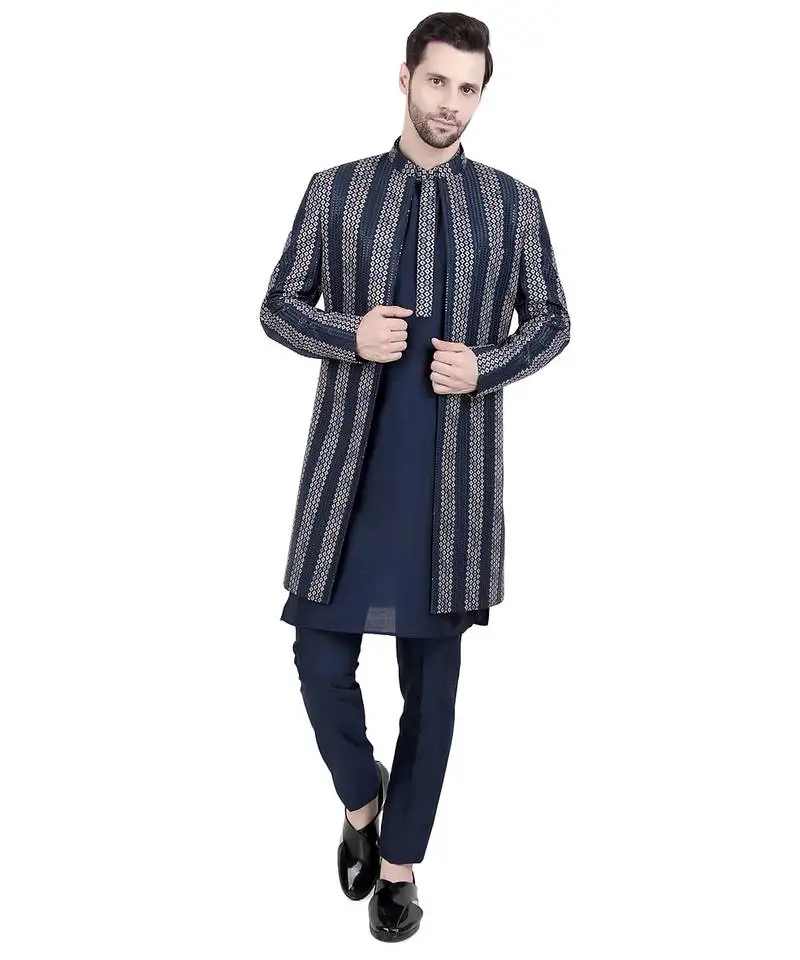 Blue faux silk plain kurta pajama with embroidered jacket
