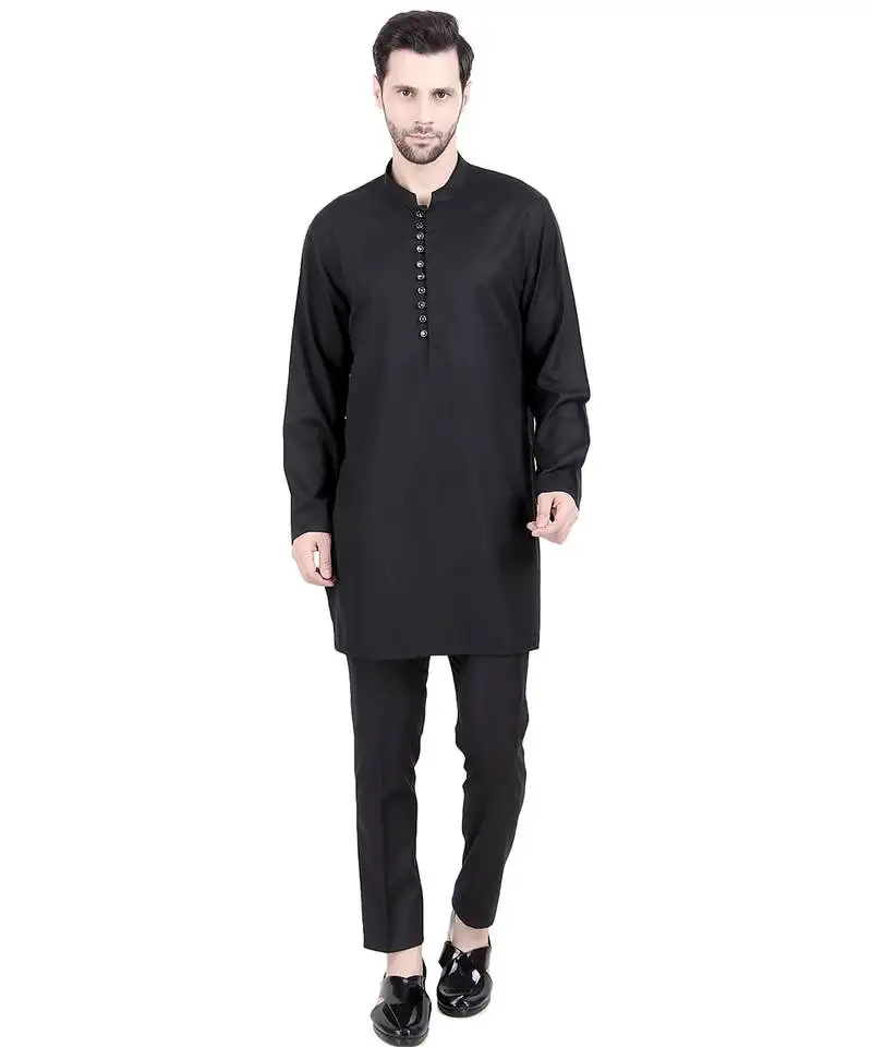 Black faux polyester plain kurta pajama