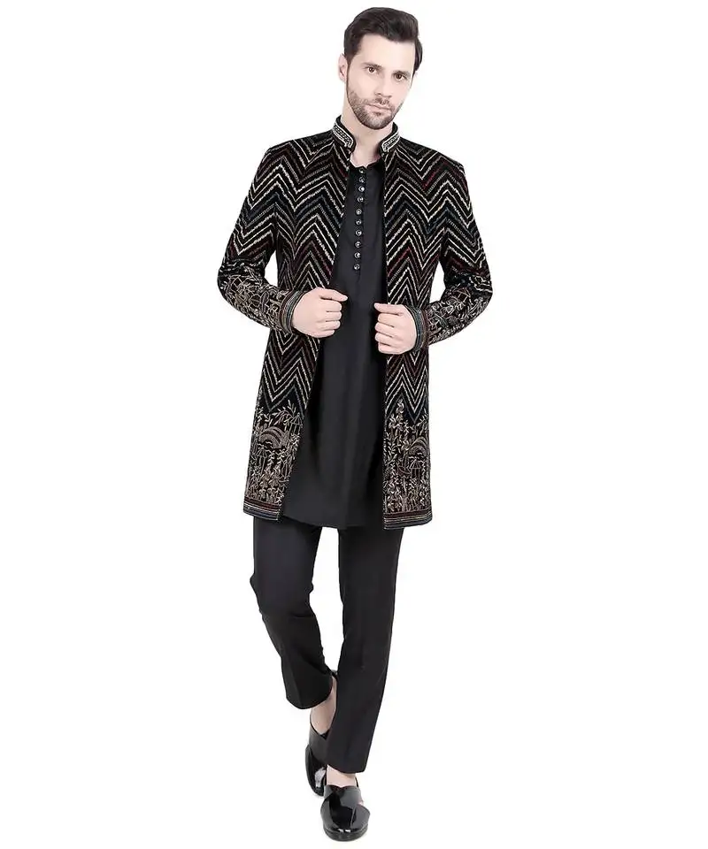 Black faux polyester plain kurta pajama with floral embroidered jacket