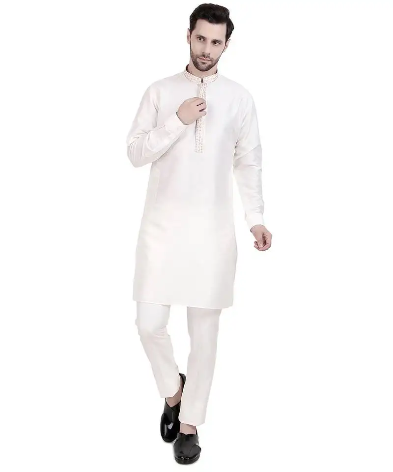 White cream faux cotton silk plain kurta pajama