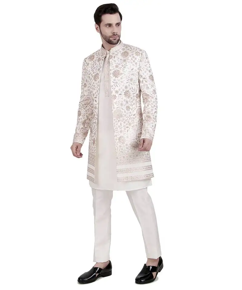 White faux cotton silk plain kurta pajama with floral embroidered jacket