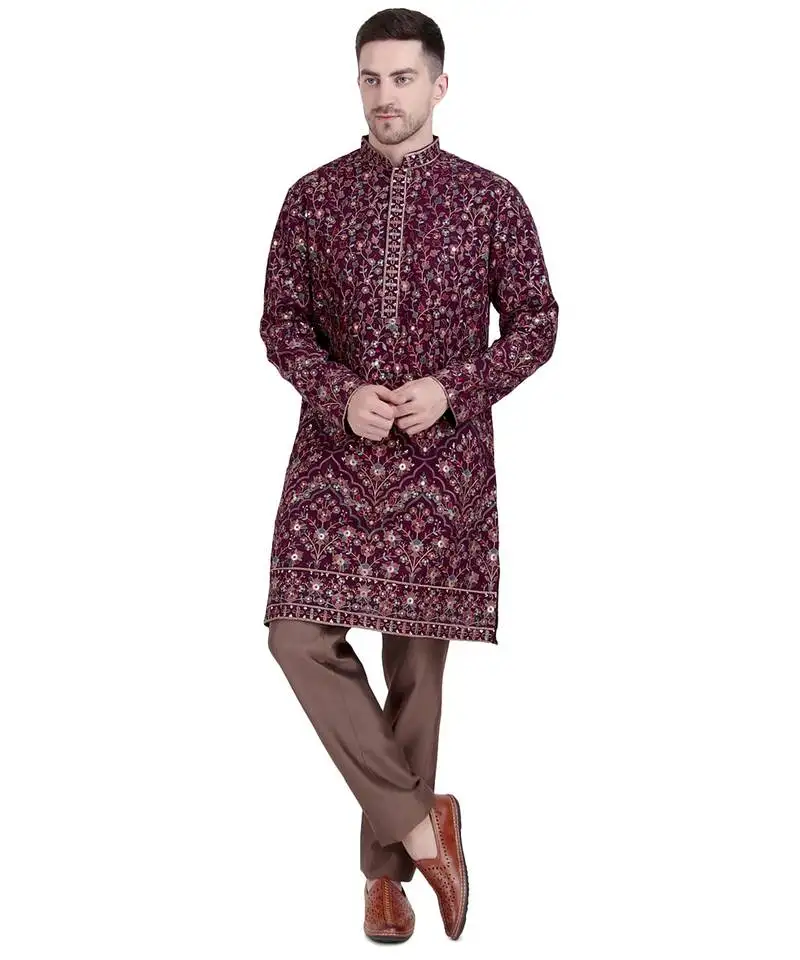 Maroon faux georgette floral embroidered kurta pajama