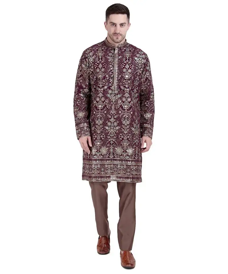 Maroon faux georgette kurta pajama with floral embroidery